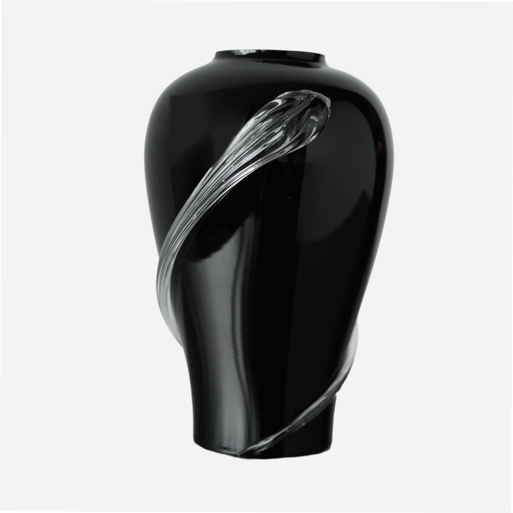 Black Glass Vase with Clear Swirl
