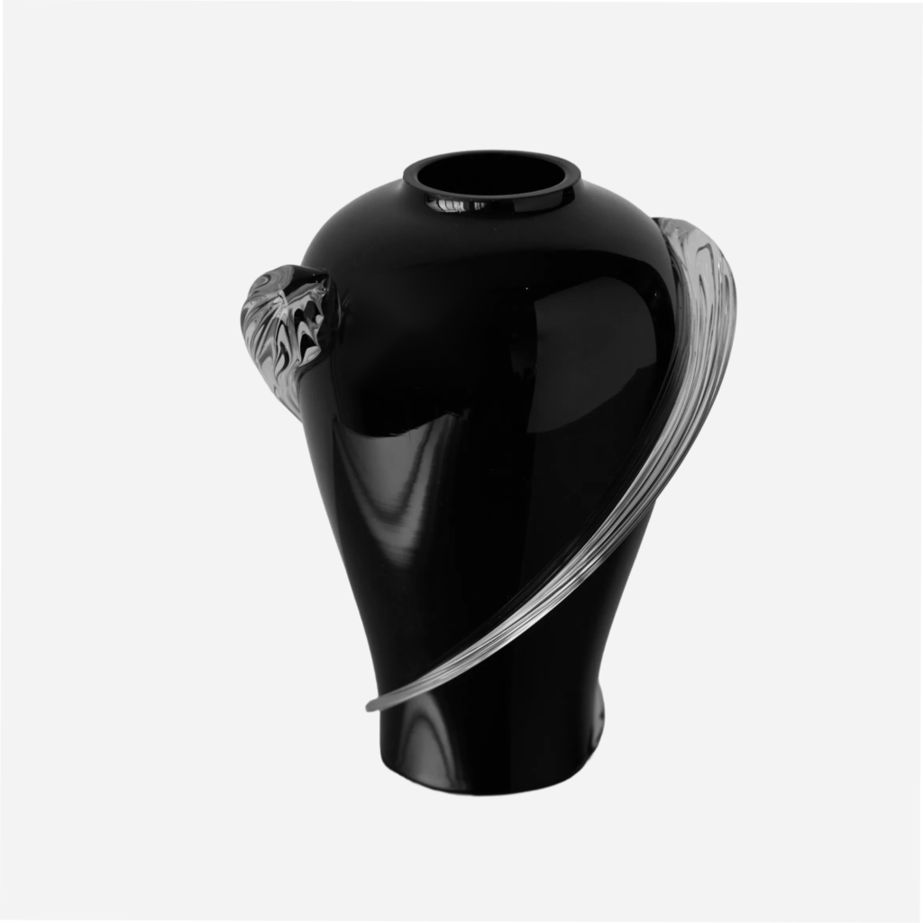 Black Glass Vase with Clear Swirl