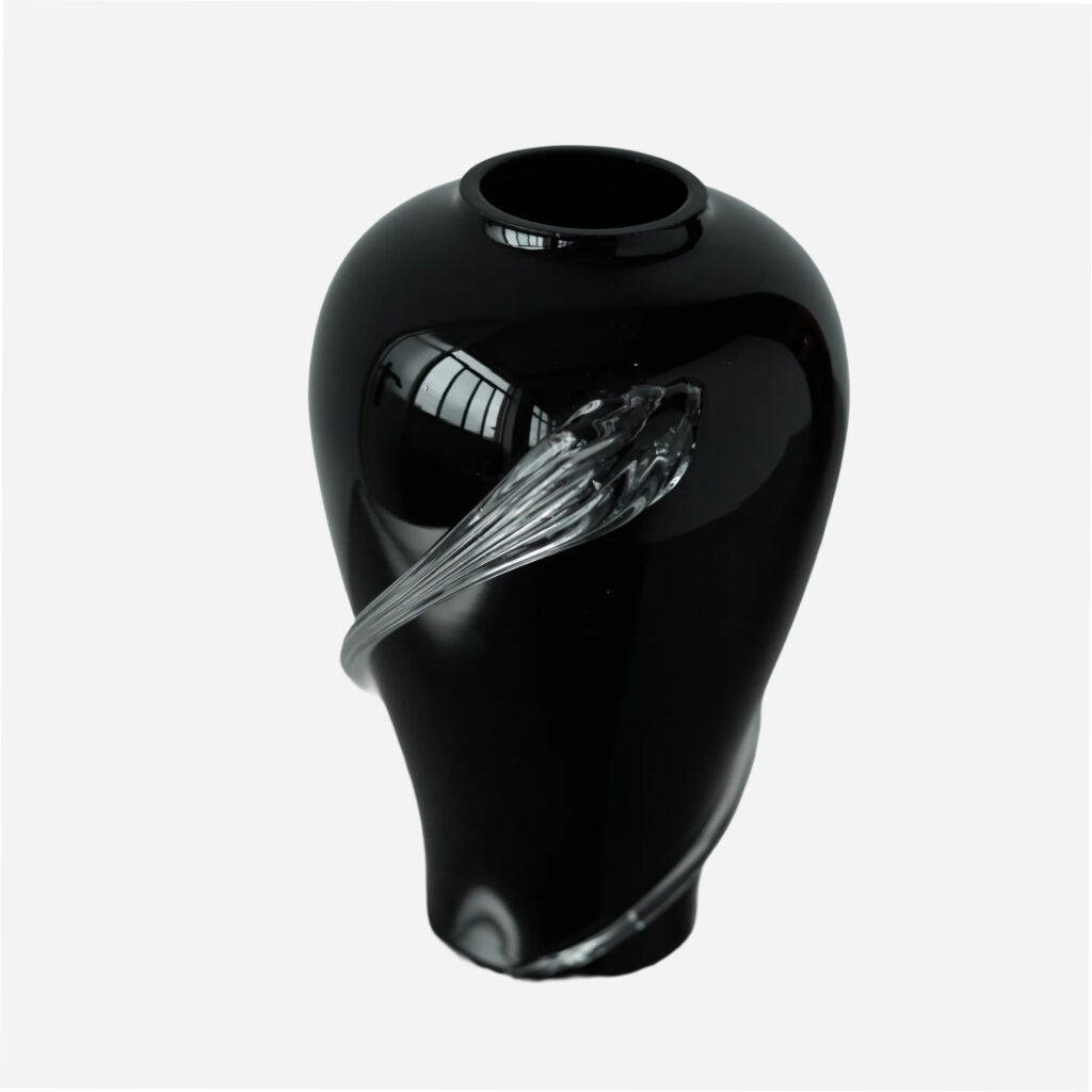 Black Glass Vase with Clear Swirl