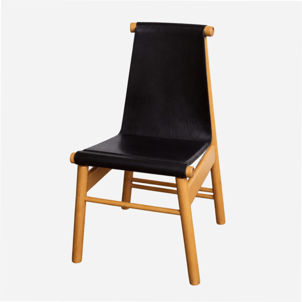 Sculptural Dining Chairs, Black Leather and Wood