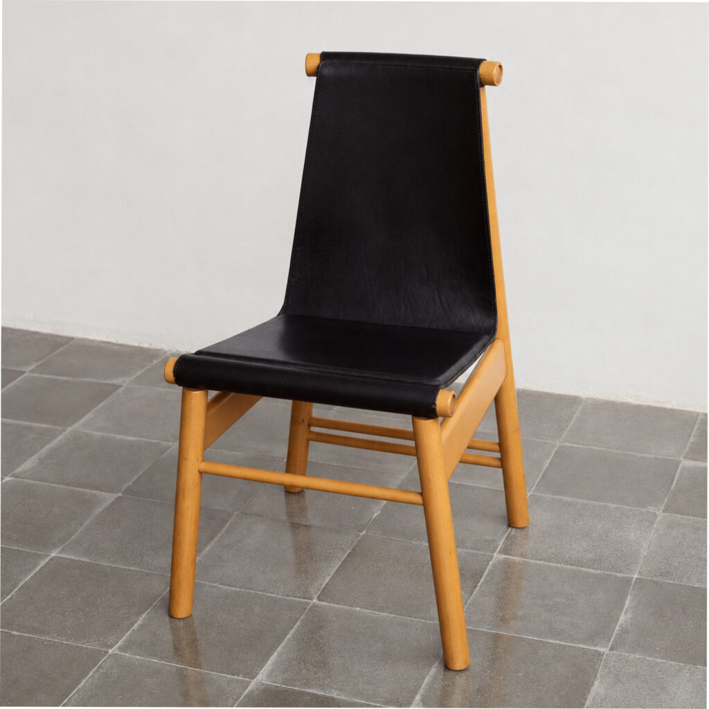 Sculptural Dining Chairs, Black Leather and Wood