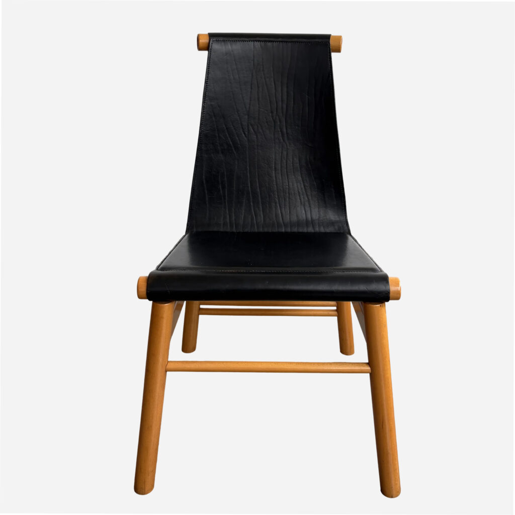 Sculptural Dining Chairs, Black Leather and Wood