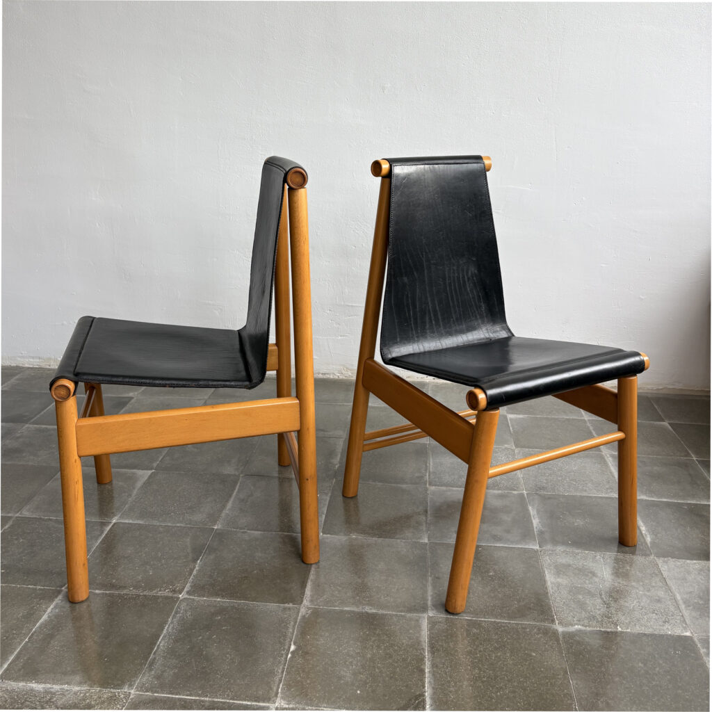 Sculptural Dining Chairs, Black Leather and Wood