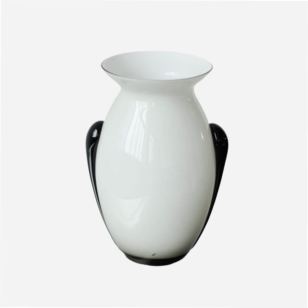 White Glass Vase with Black Handles