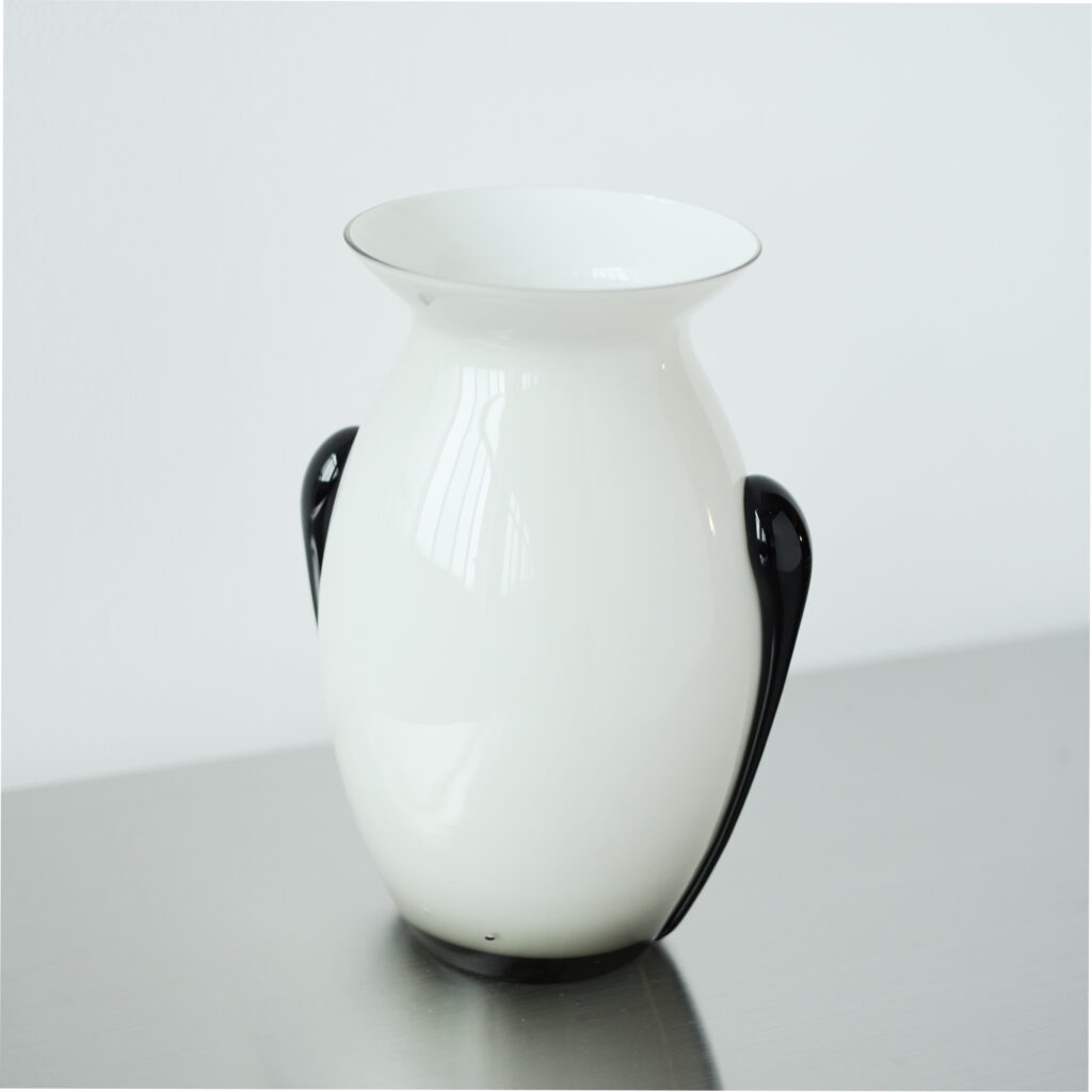 White Glass Vase with Black Handles