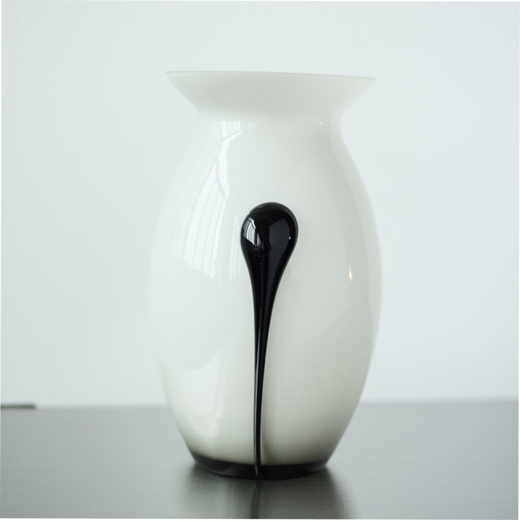 White Glass Vase with Black Handles