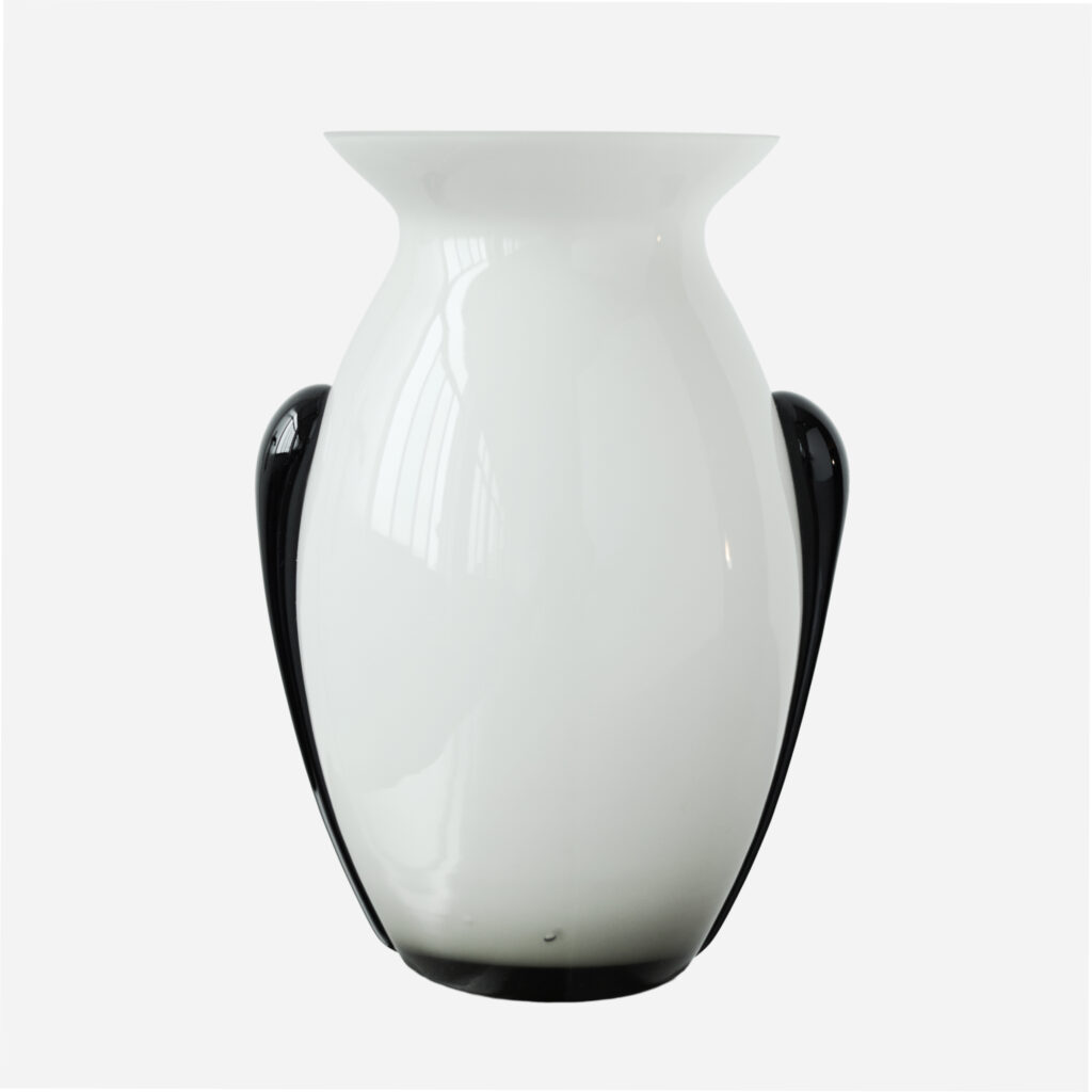 White Glass Vase with Black Handles